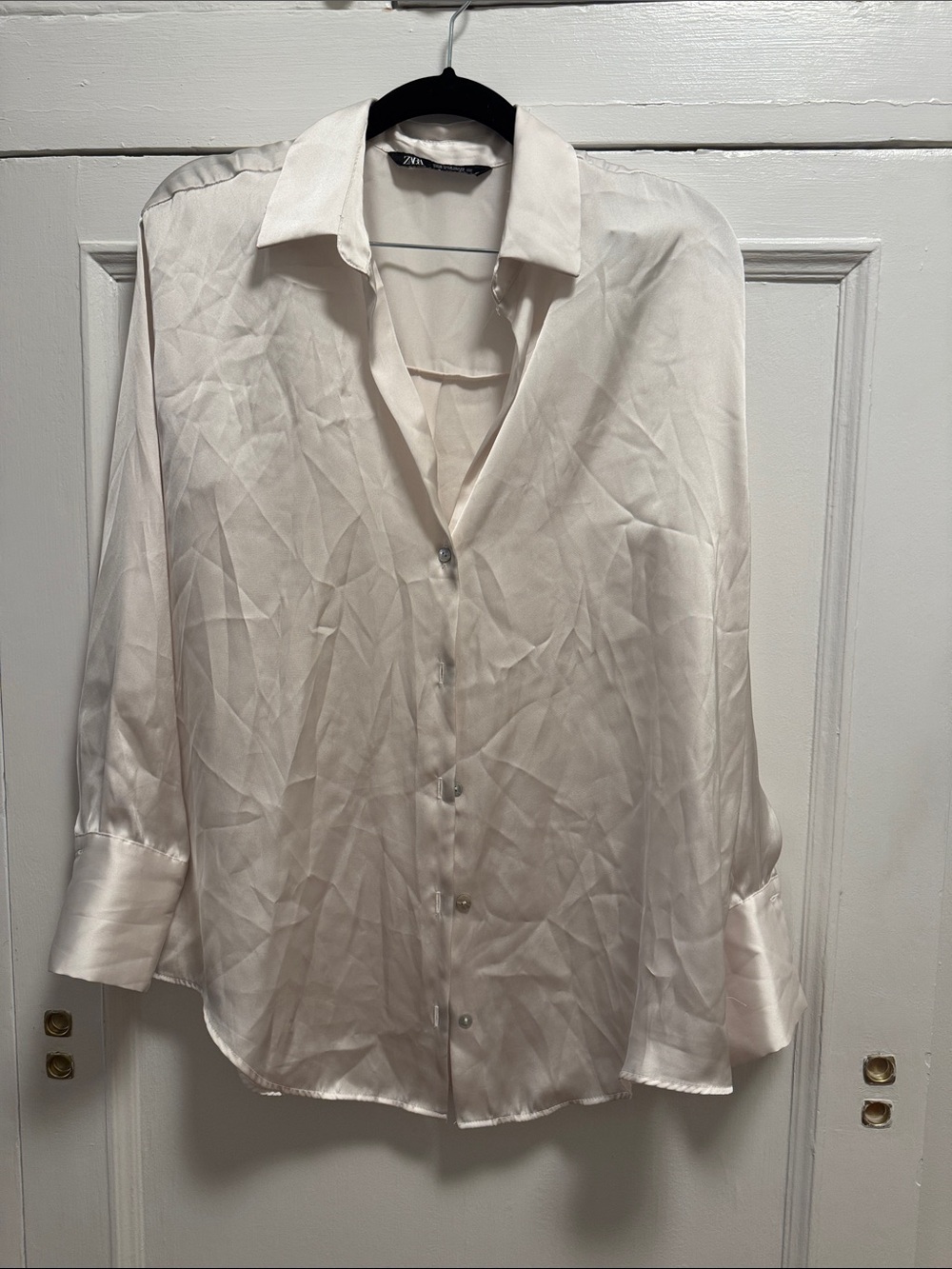 Zara Cream Satin Long-Sleeve Button Shirt
